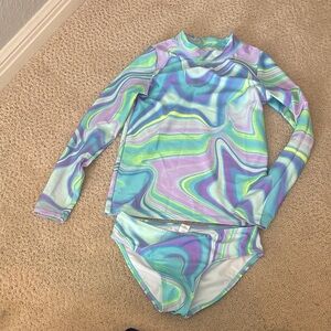 Kids Long Sleeve Rash Guard Swimsuit Set - Pastel Swirl